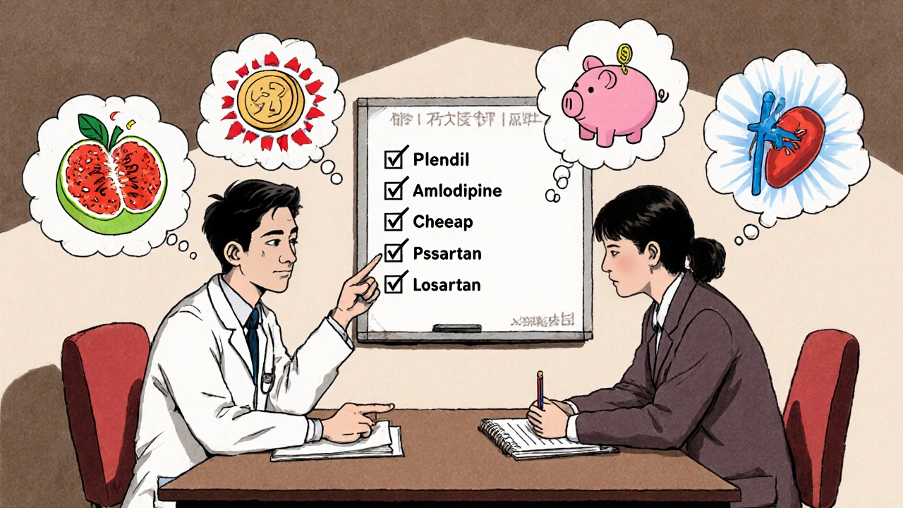 A doctor and patient discussing medication options with floating thought bubbles showing different drugs and health outcomes.