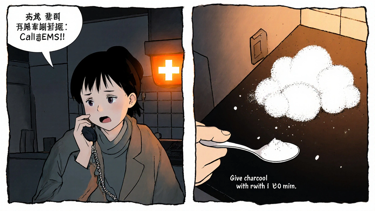 Bystander calls EMS and gives activated charcoal in a kitchen.