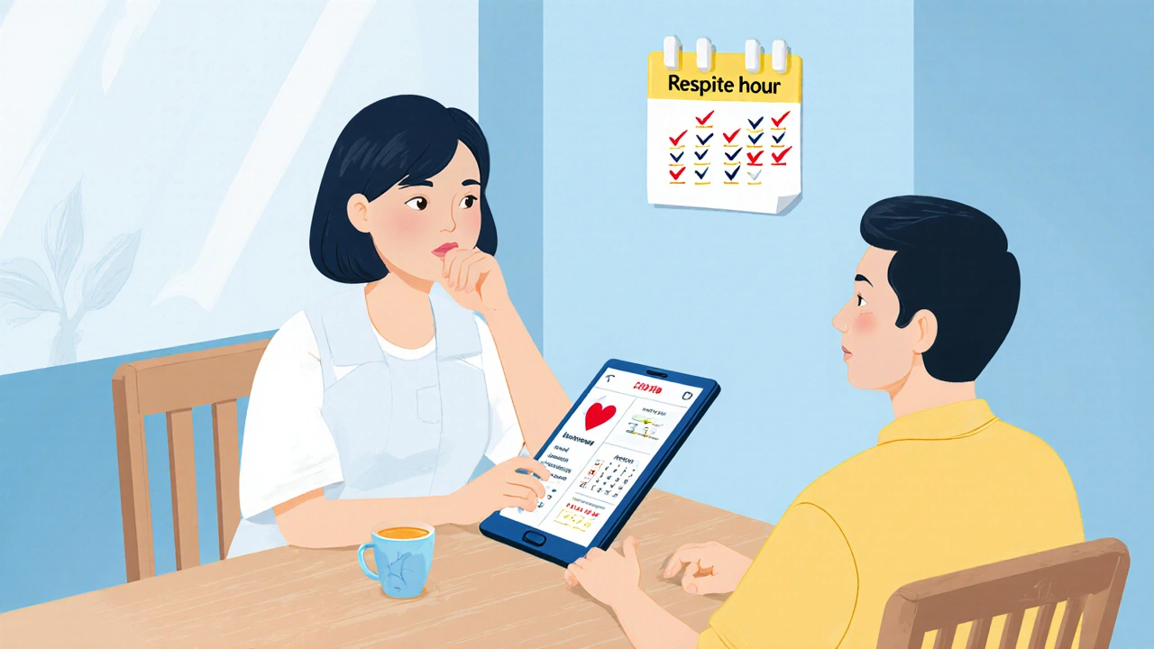 Caregiver using a tablet to log health data and planning respite care at a kitchen table.