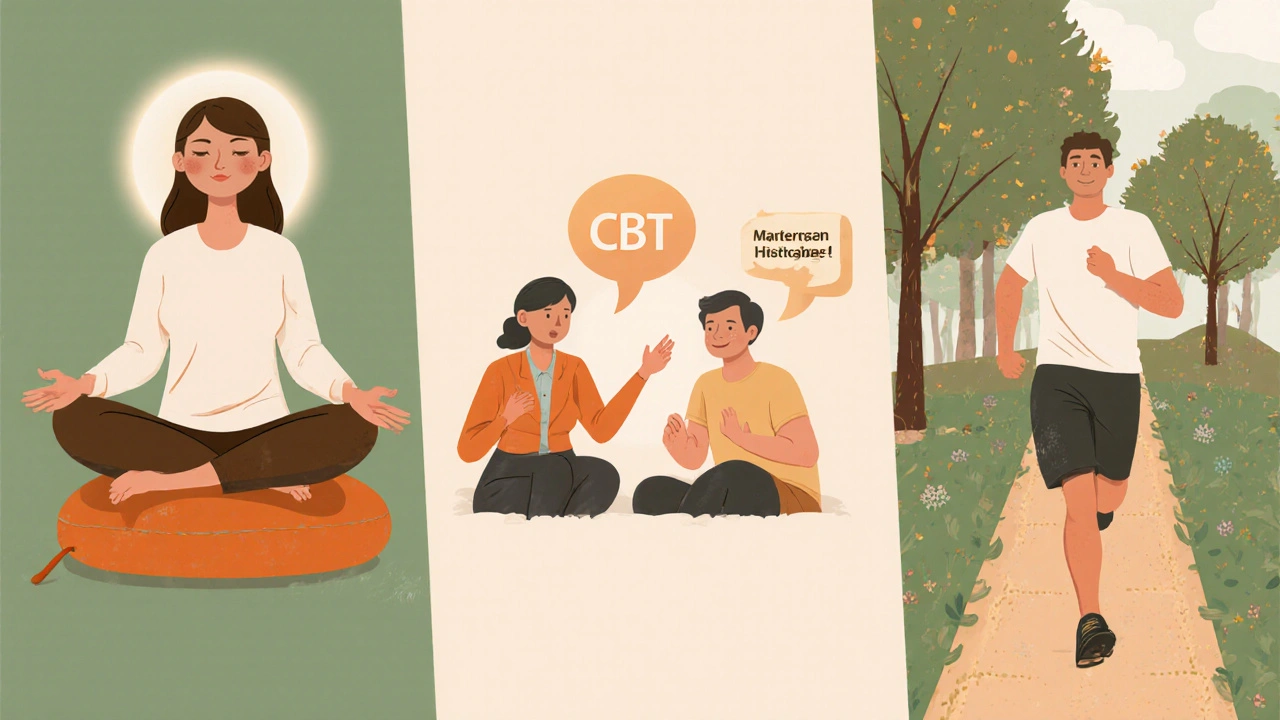 Collage of meditation, therapy session, and jogging as stress relief for psoriasis.