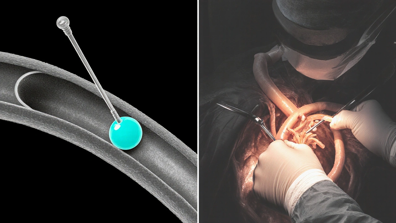 Composite of PCI with cyan balloon and CABG graft highlighted in amber.
