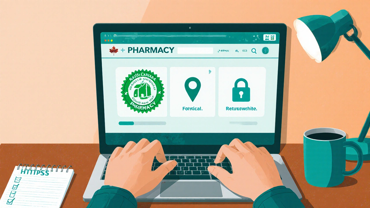 Computer screen showing Health Canada pharmacy seal, address icon, and secure lock.