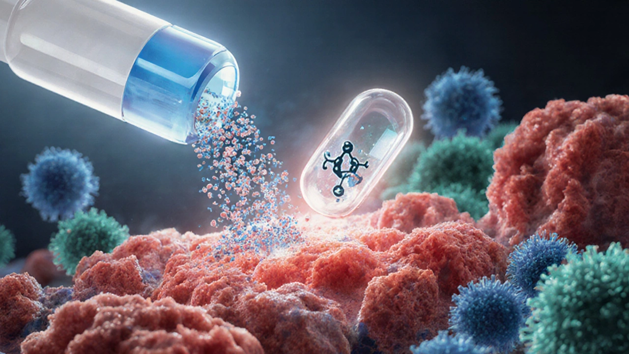 Cortisol molecule merging with inflamed tissue, calming immune cells in cool tones.