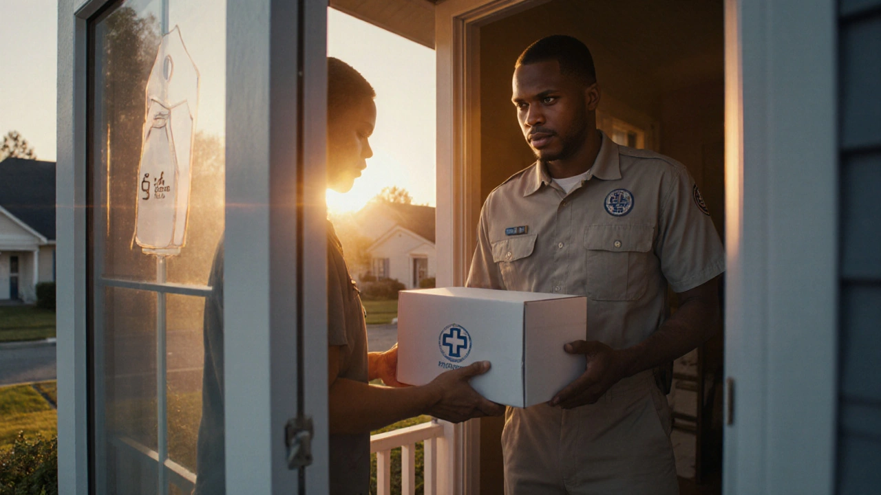 Courier delivering a plain white medication package to a doorstep in morning light.