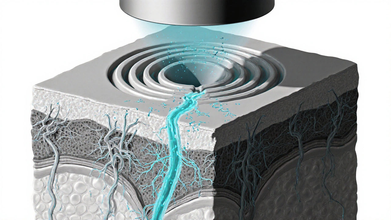 Cross‑section view of skin showing cup suction and blue‑highlighted blood flow.