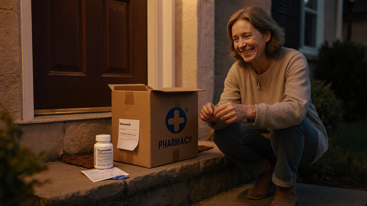 Delivery box on doorstep opened to reveal a Topiramate bottle, prescription slip, and discount card.