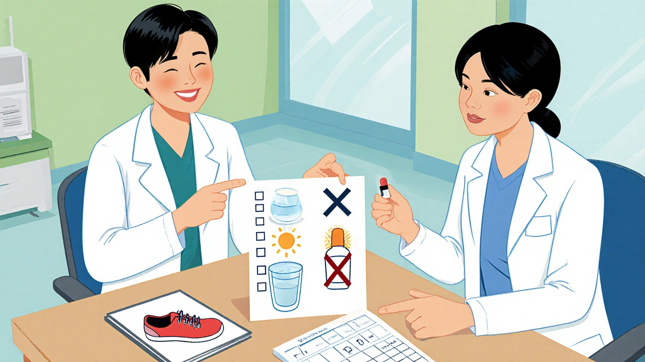 Doctor and patient reviewing safety steps: water glass, sunscreen, no running, medication log.