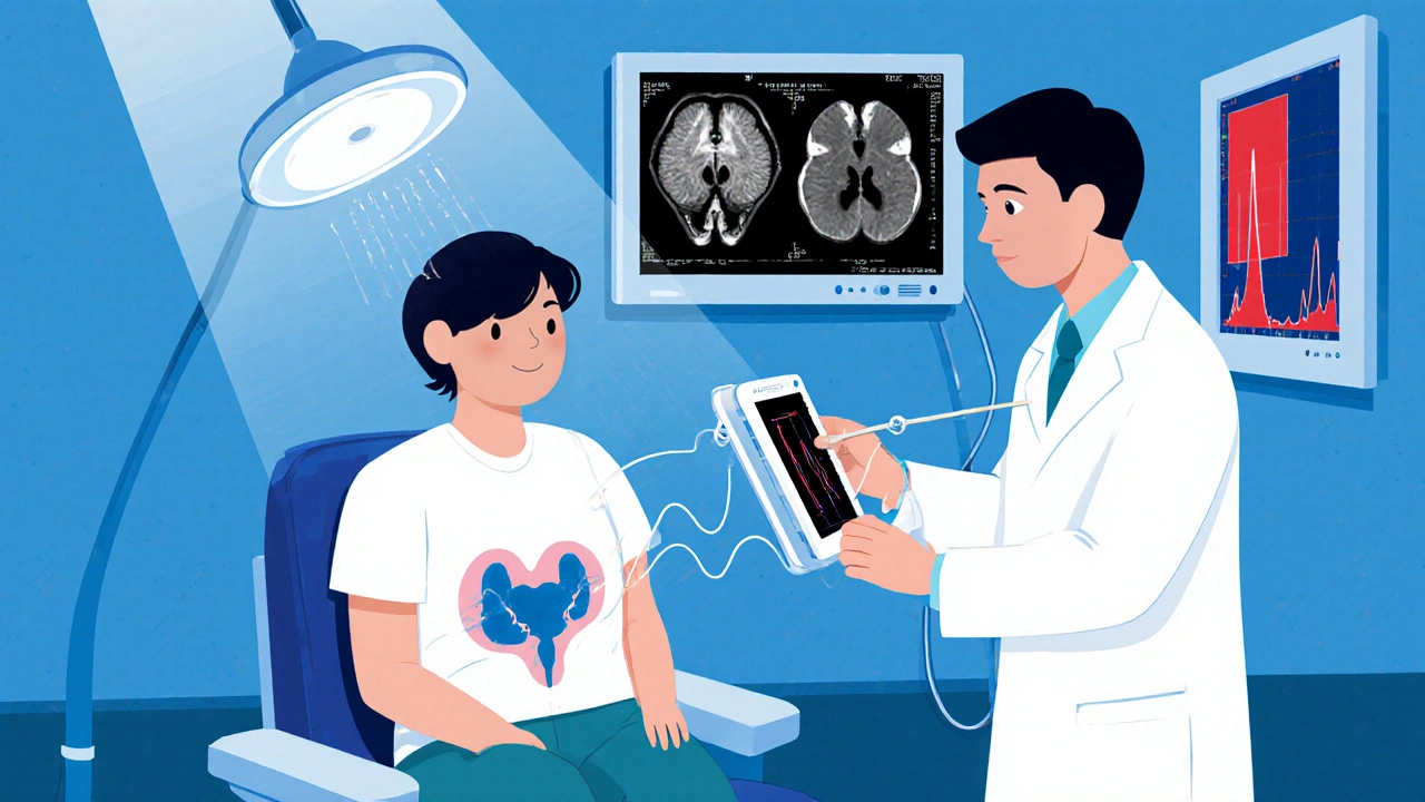 Doctor performing ultrasound bladder scan beside CT brain image and urodynamic graph.