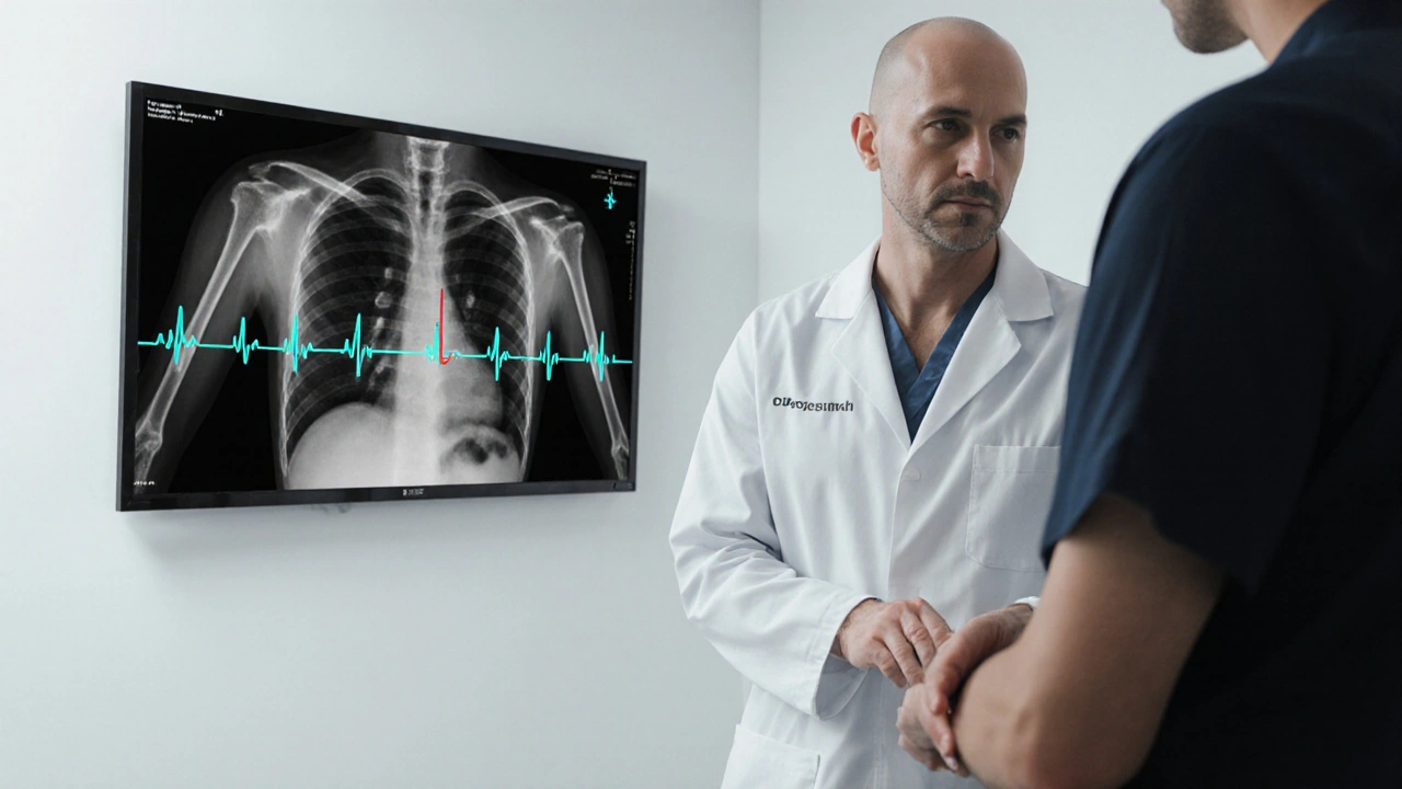 Doctor reviewing grayscale ECG with a red pulse line and teal angiography image.