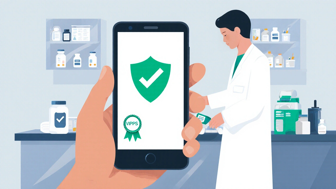 Hand holding phone showing a shield and check‑mark next to a pharmacist arranging pills.