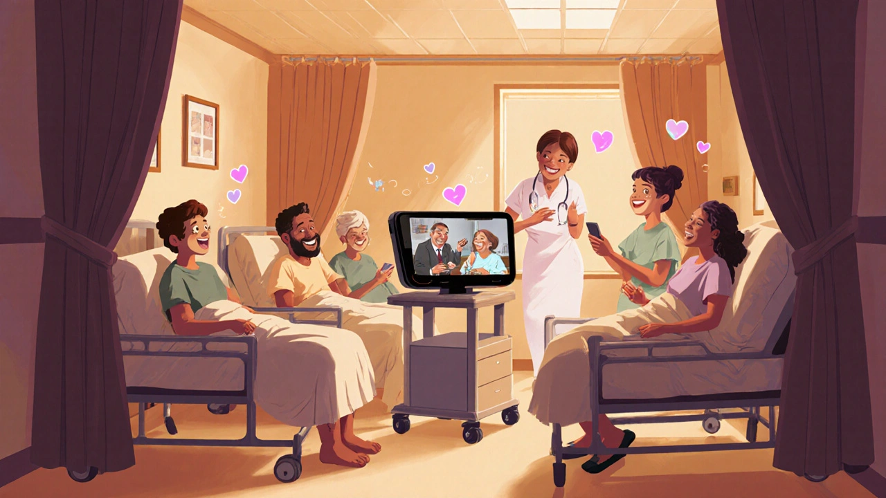 Hospital ward patients laughing together, nurse sharing jokes, warm ambience.