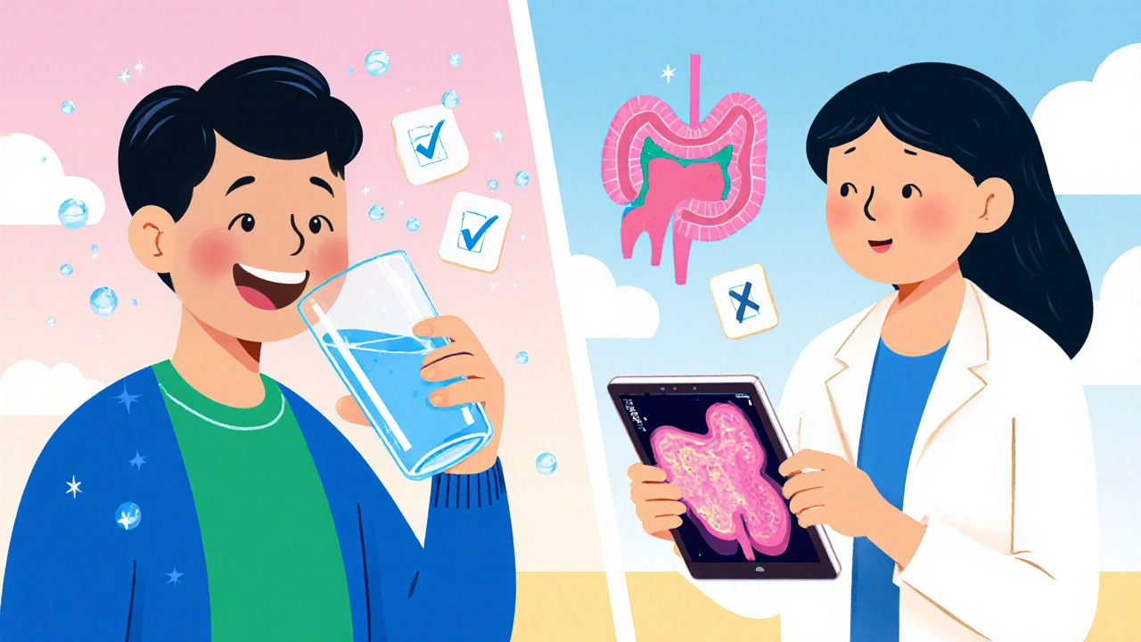 Illustration of a person staying hydrated and a doctor reviewing healthy bladder images.