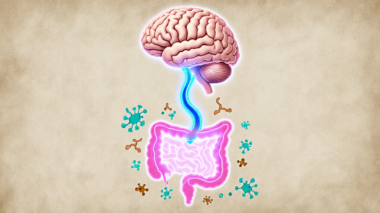 Illustration of brain connected to intestines by a bright nerve line with microbes.
