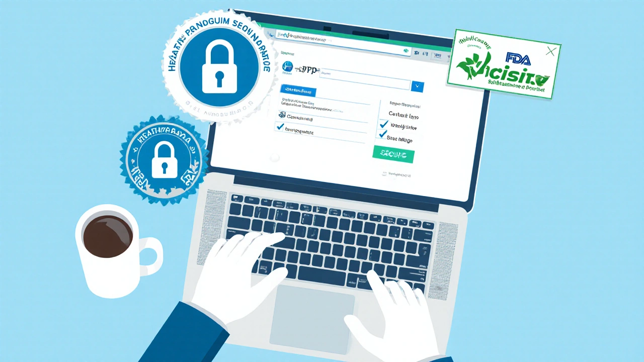 Laptop screen showing secure checkout with licensing badges and checklist icons.