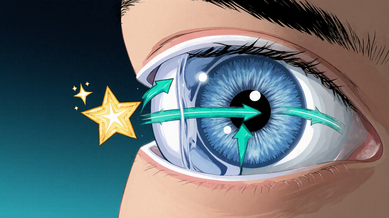 Manhua cross‑section of an eye showing bimatoprost enhancing fluid outflow through the uveoscleral pathway.