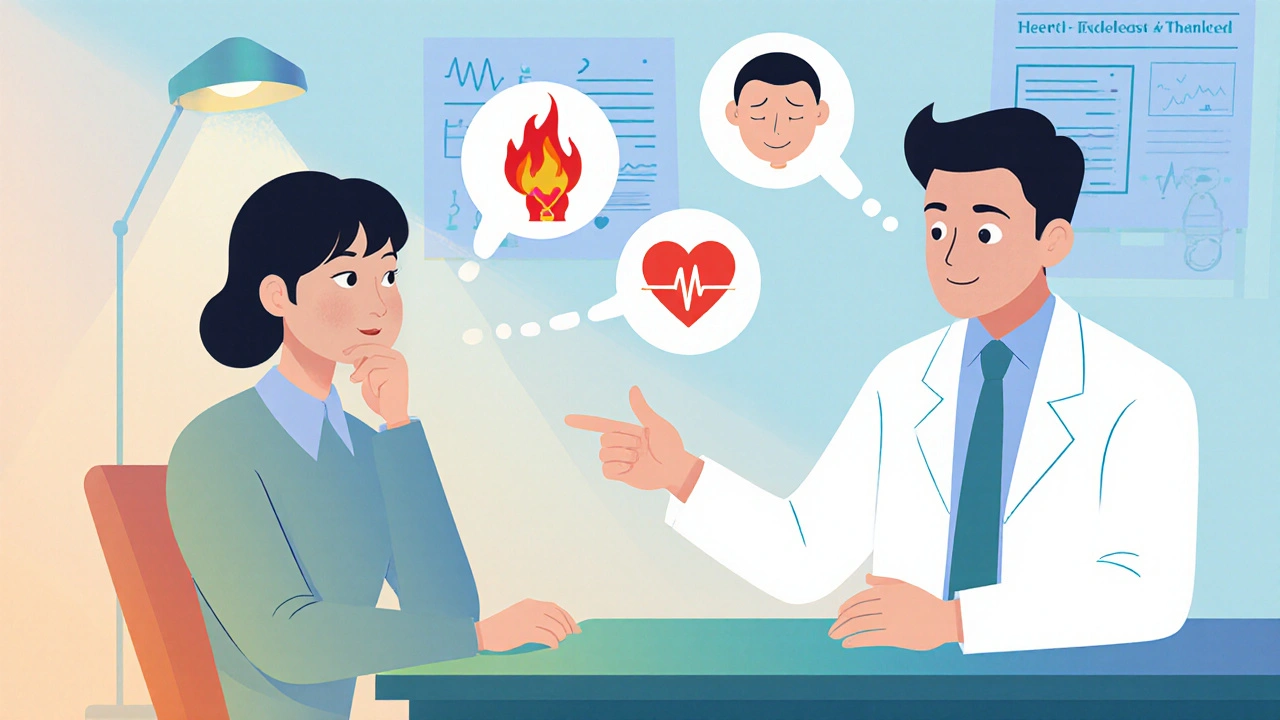 Manhua doctor and patient discussing pain options with floating icons.