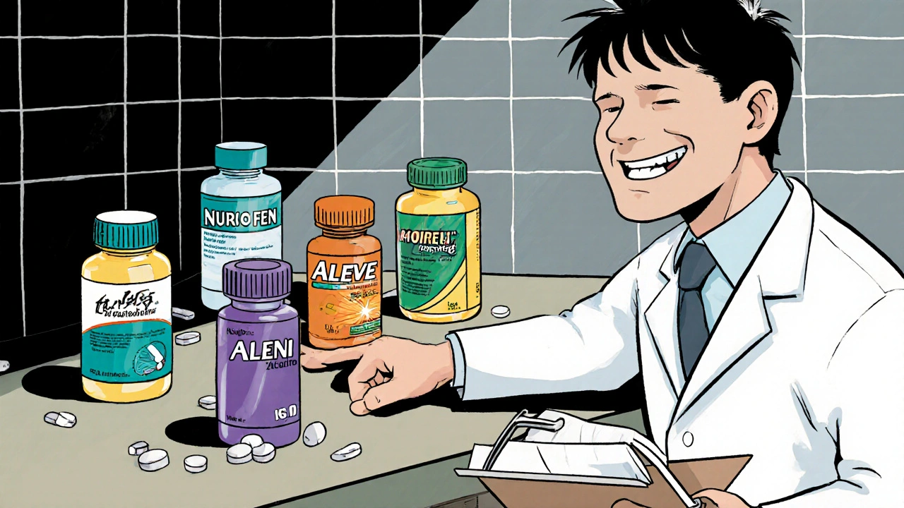 Manhua pharmacist gesturing at colorful pill bottles on a pharmacy counter.