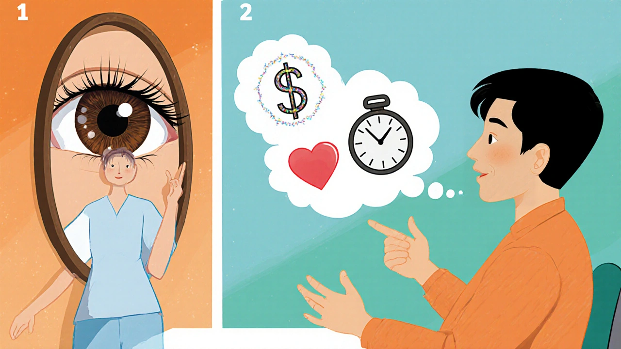 Manhua scene depicting side‑effects like iris darkening and longer lashes, with a doctor advising the patient.