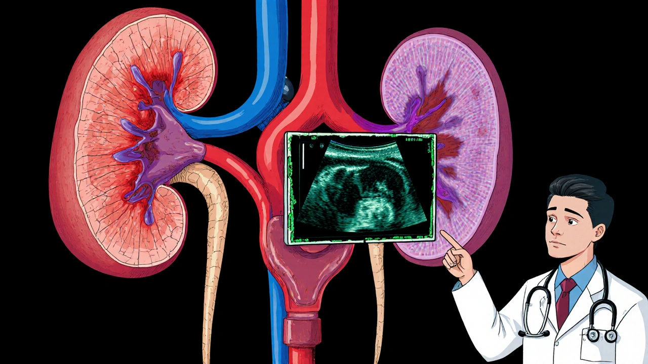 Manhua scene of infection spreading to kidneys, showing scarred kidneys and biofilm.