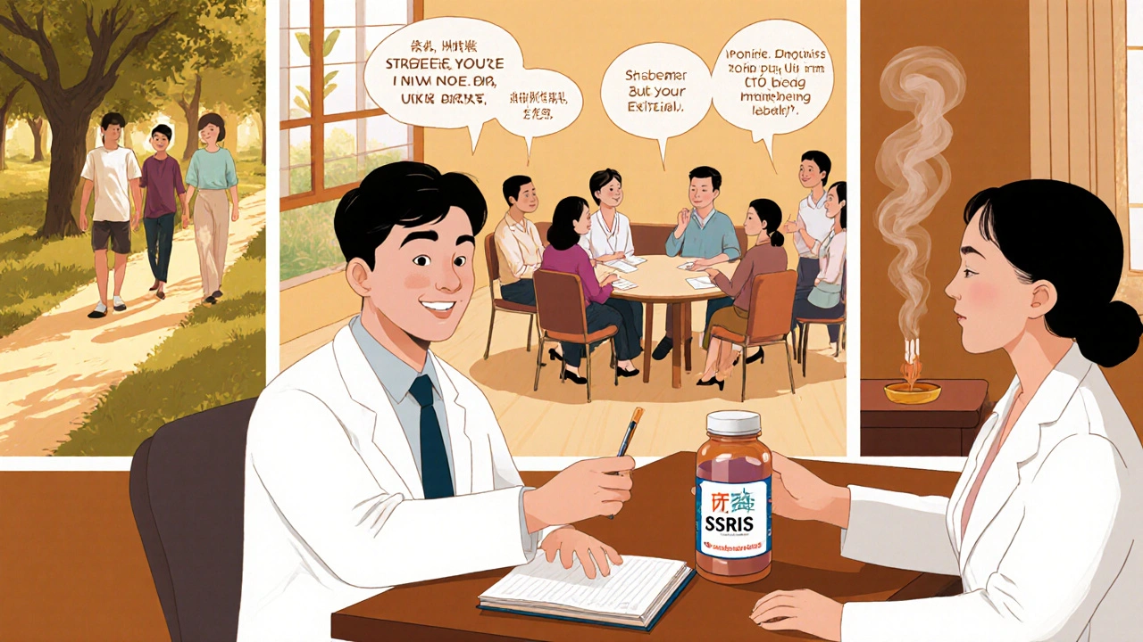 Manhua scene of post‑stroke therapy: doctor giving medication, CBT group, walking exercise, and mindfulness practice.