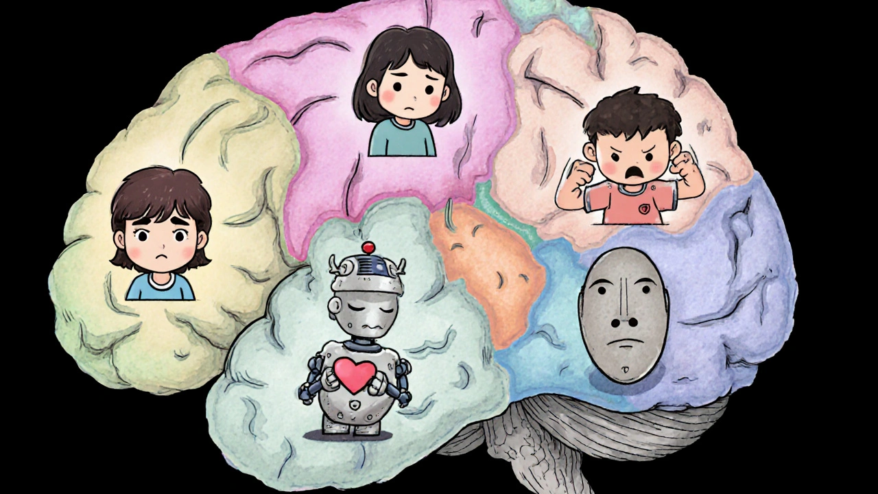 Manhua split‑screen of brain regions, each paired with a cartoon character showing its typical post‑stroke mood change.