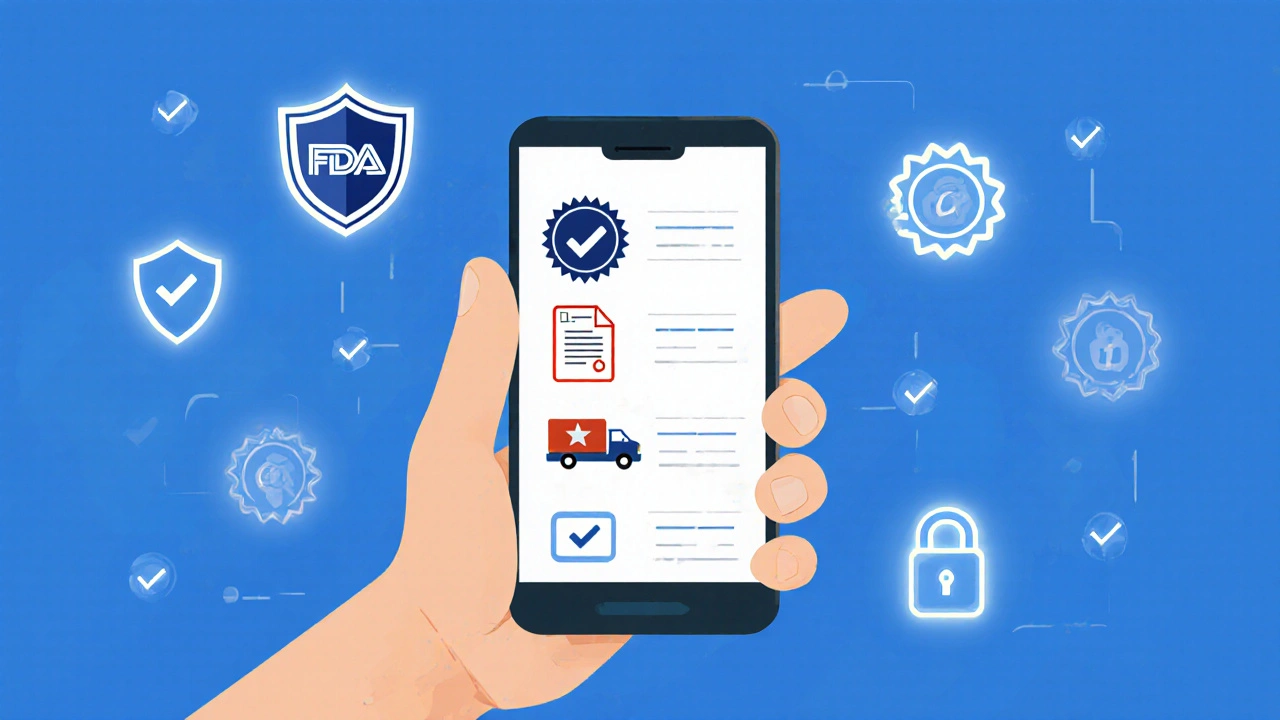 Mobile phone showing FDA shield, VIPPS seal, prescription and shipping icons.