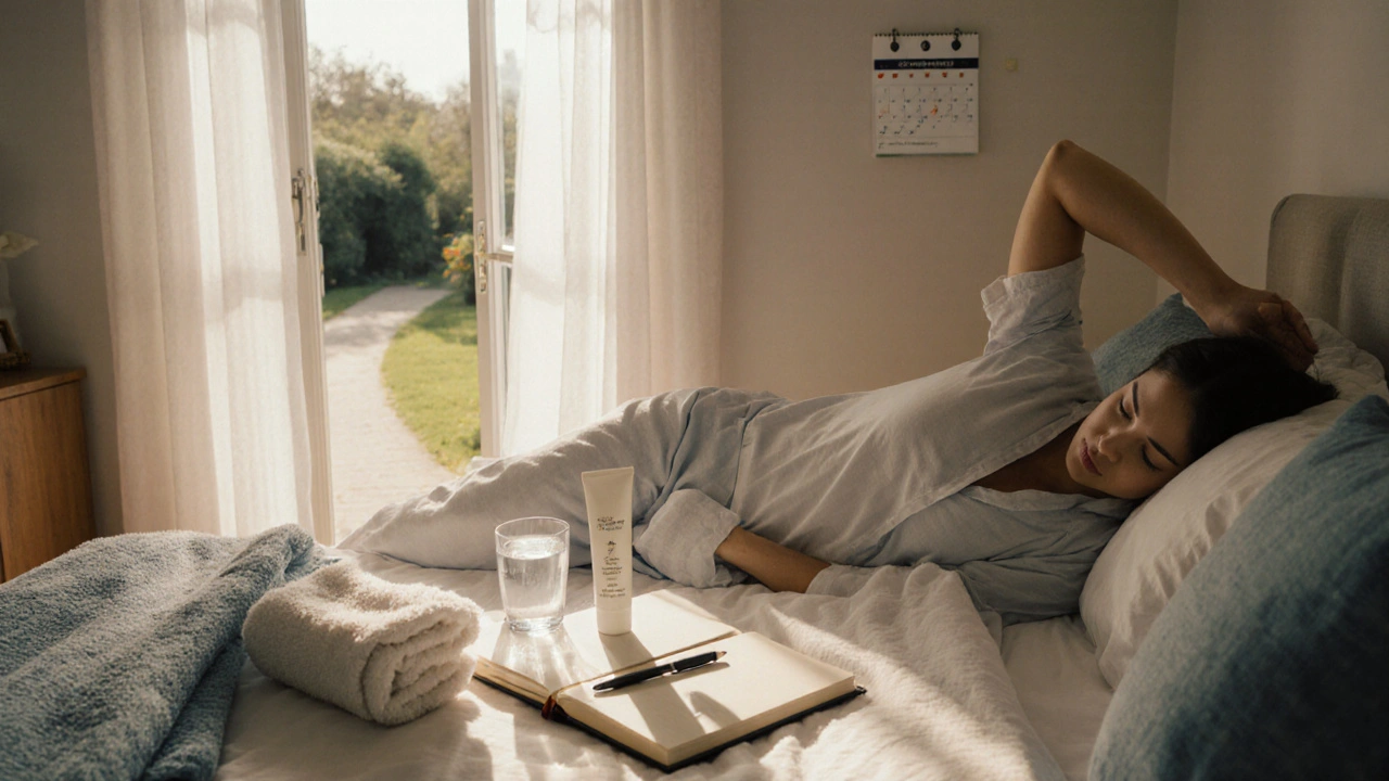 Morning bedroom scene with diary, moisturizer, water, and a walk path suggesting healthy habits.