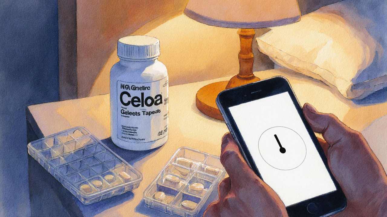Nightstand with Celexa bottle, pill organizer, and phone alarm in a cozy room.