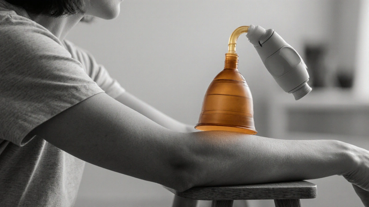 Person applying amber‑tinted silicone cup to forearm at home in monochrome setting.