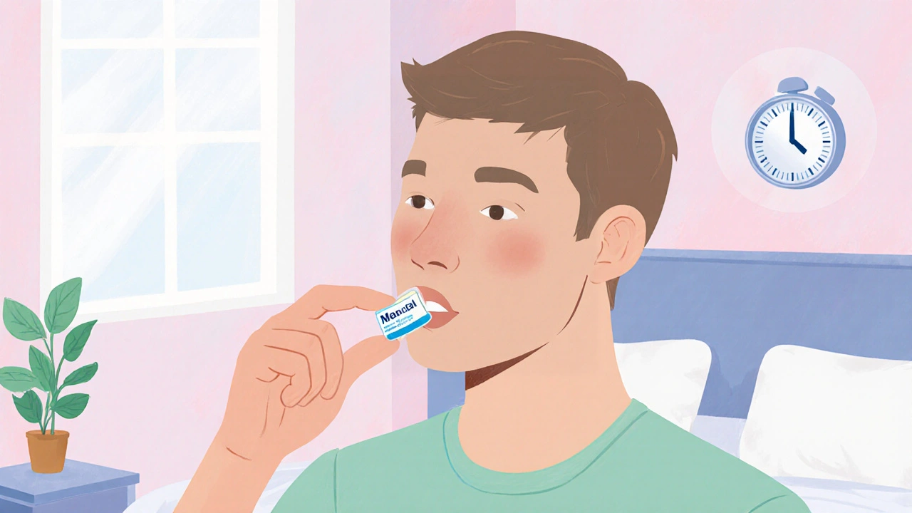 Person calmly taking a daily Medrol pill in a soft pastel home setting.