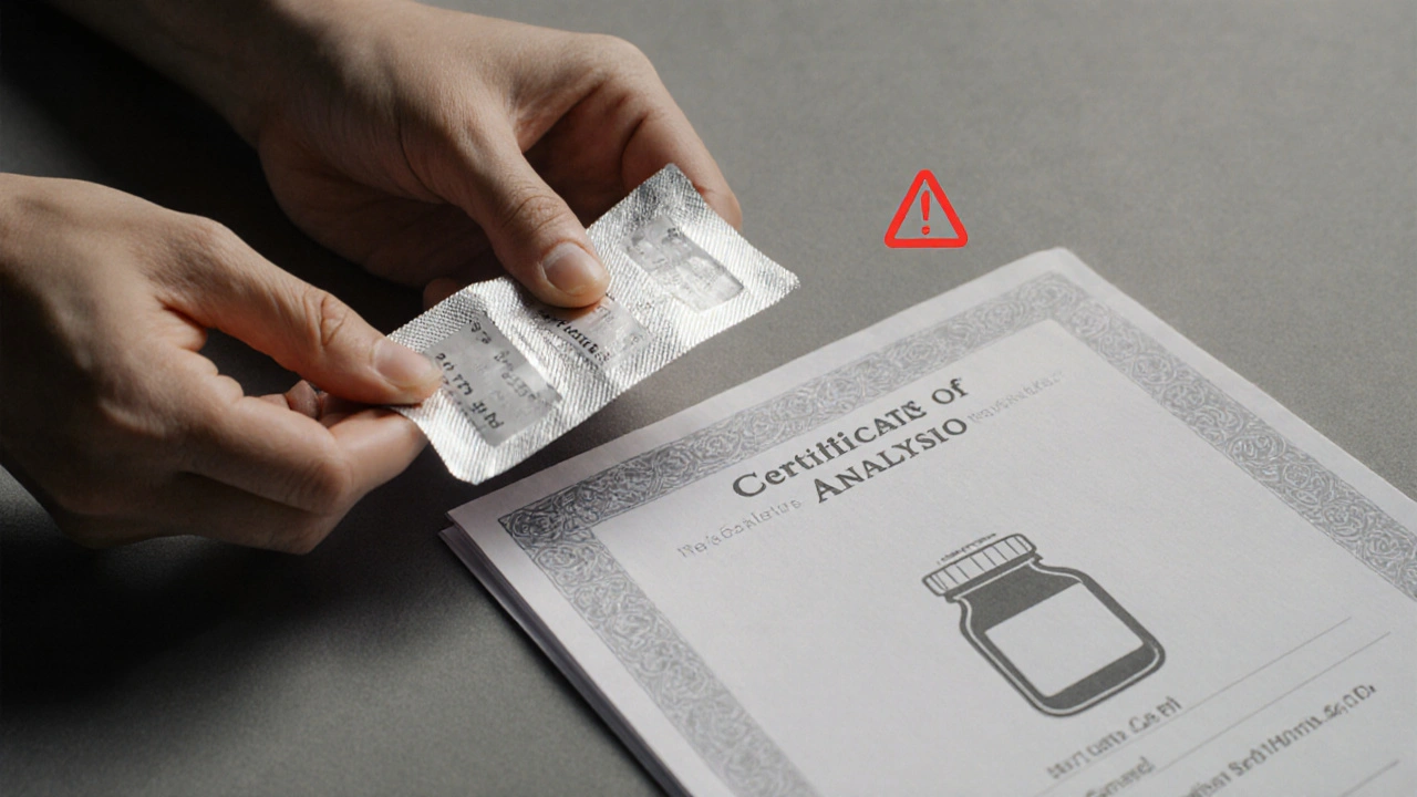 Person examines medication package, checking batch number and certificate of analysis.