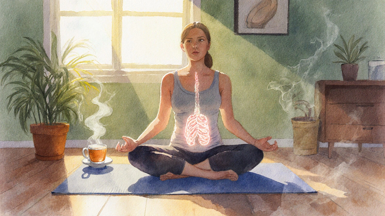 Person practicing breathing on yoga mat, belly relaxed, warm sunlight filling room.