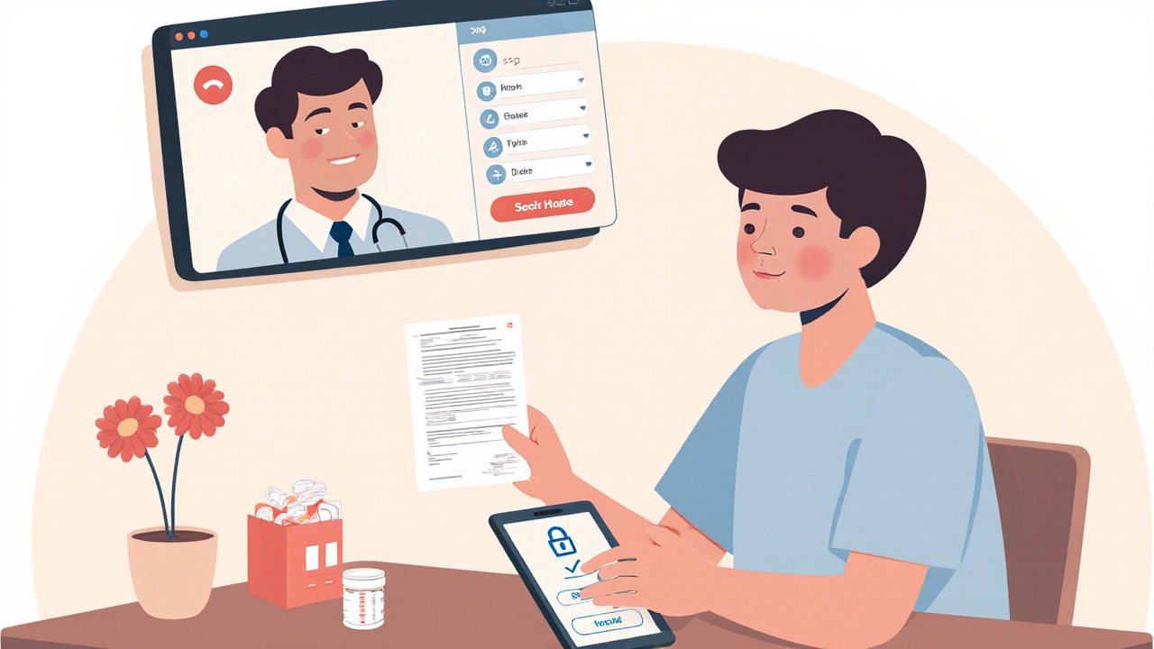 Person video chatting with doctor while holding a prescription and browsing on tablet.