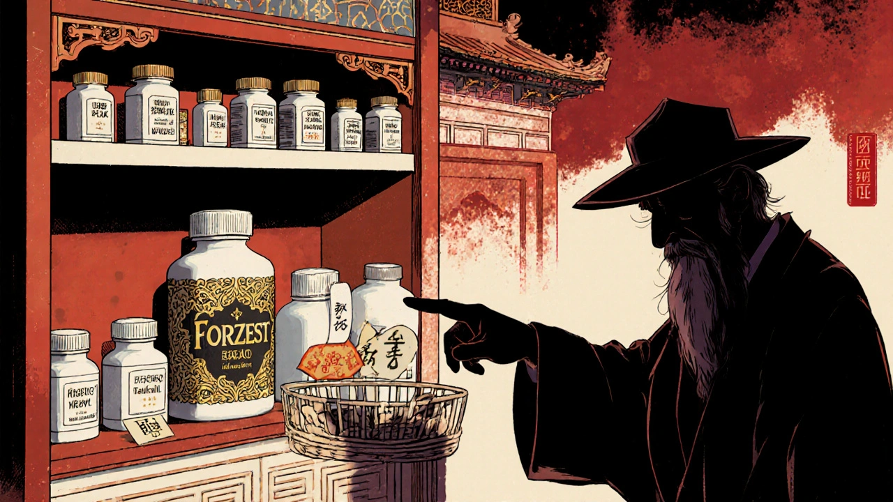 Pharmacy shelf showing Forzest vs. generic tadalafil, with doctor guiding choice in manhua illustration.