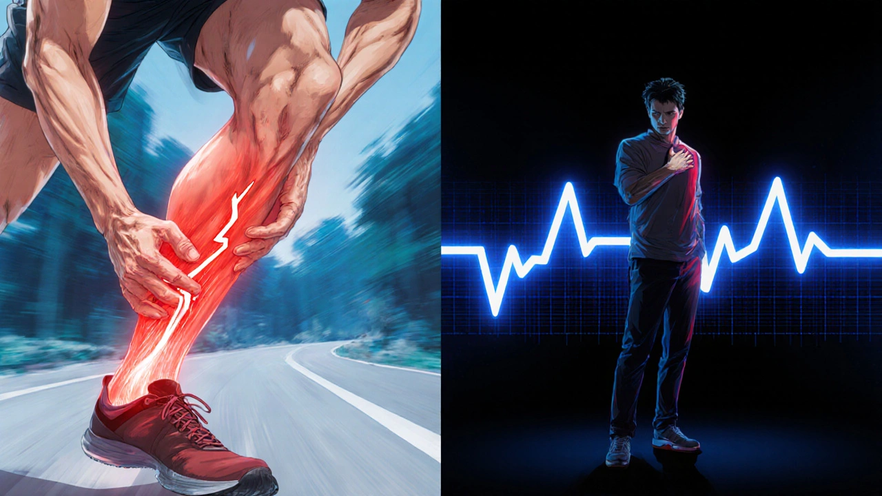 Runner clutching an Achilles tendon and another person experiencing heart palpitations, illustrating serious side effects.
