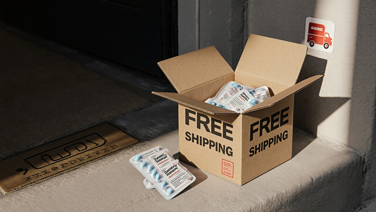 Sealed delivery box partially open to reveal blister‑packed ibuprofen tablets.