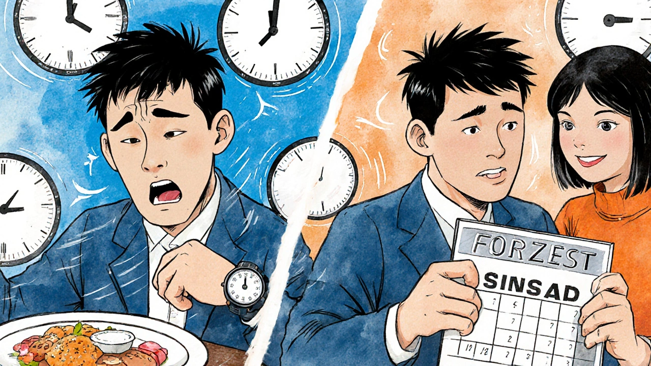 Side-by-side comparison of Viagra and Forzest with time and food effects shown in manhua comic panel.
