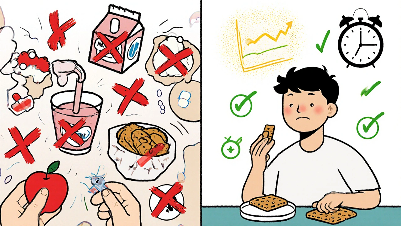 Split scene: person taking pill with yogurt (red X) vs. with apple and cracker (green checkmarks).