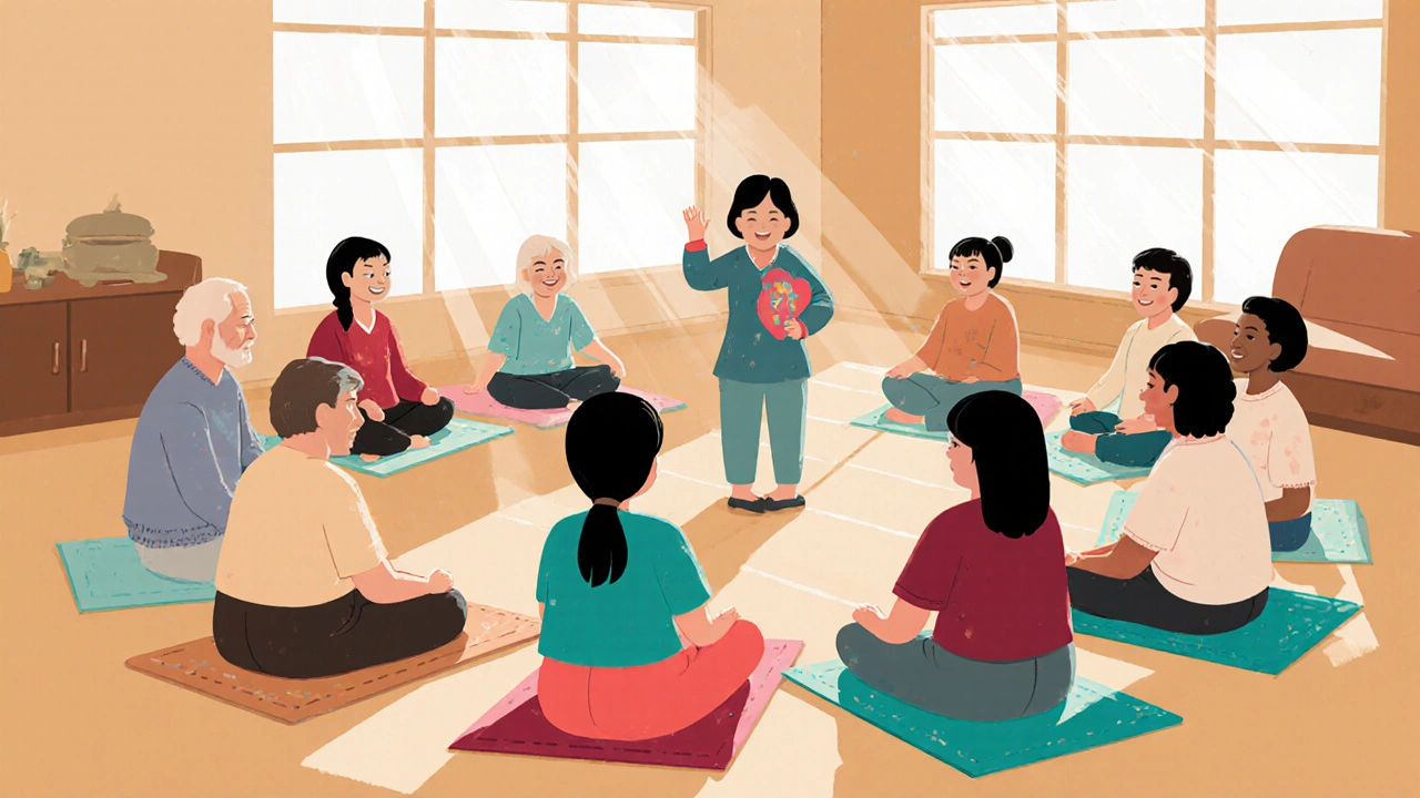 Support group meeting in a community center with diverse participants sharing and listening.
