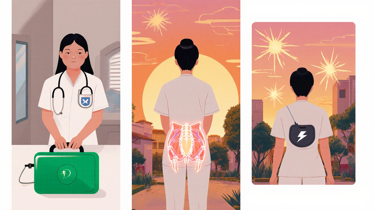 Three‑panel recovery: catheterization, pelvic floor exercise, and sacral neuromodulation device.
