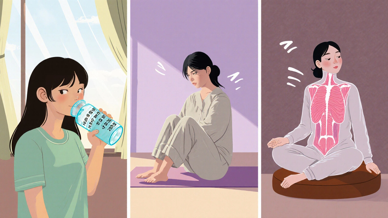 Three panels: drinking water, doing deep breathing yoga, performing Kegels.