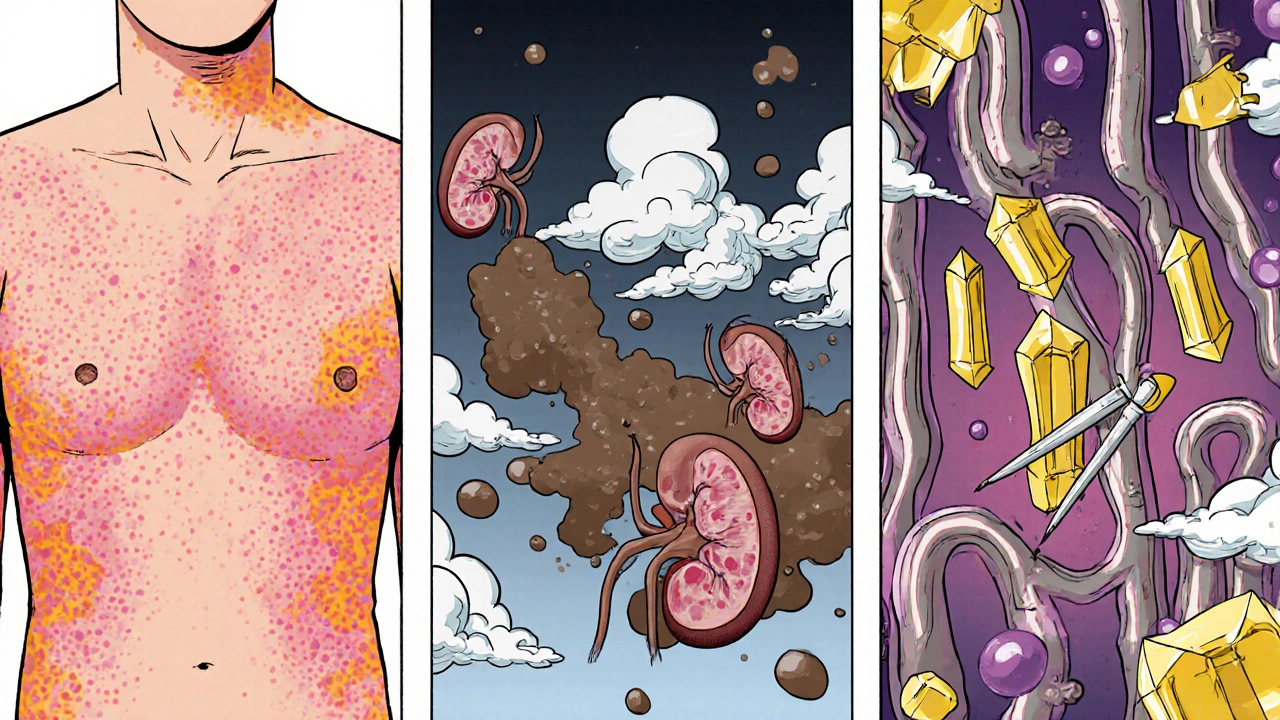 Three panels illustrate AIN inflammation, ATN tubular damage, and crystal nephropathy.