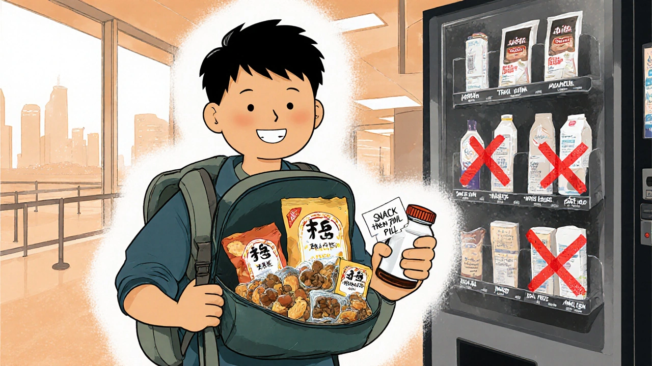 Traveler in airport with snacks in backpack, vending machine with dairy items marked forbidden.