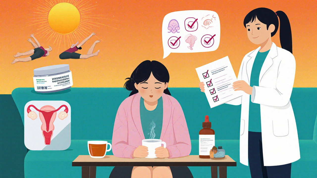 Woman with estrogen cream, tea, doctor, therapist; checklist shows relief.