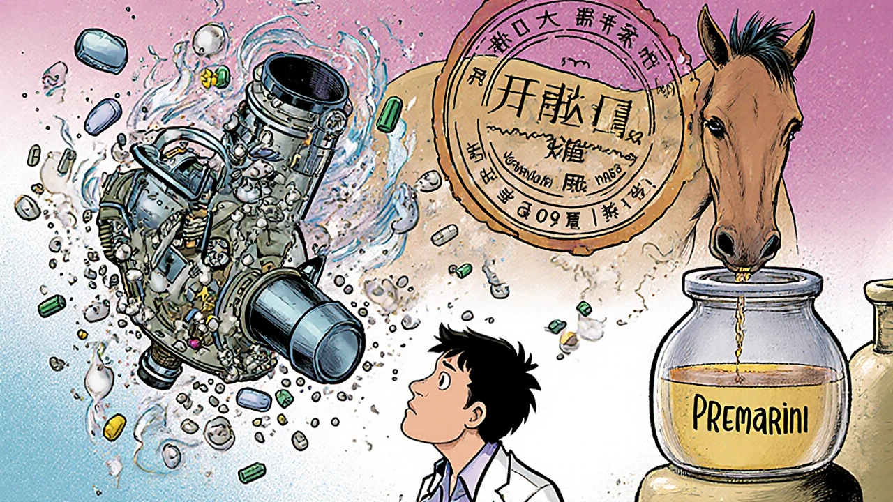 A complex inhaler and horse urine vat symbolize drugs too difficult to replicate, with FDA rejection stamp.