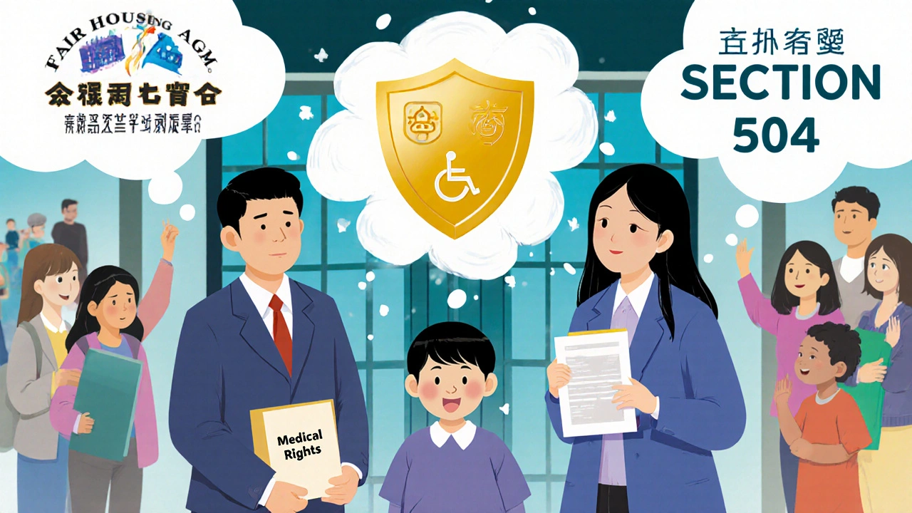 A family stands firm outside a school as federal legal protections shine above them, child smiling confidently.