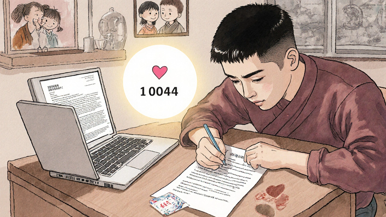 A man completes an insurance appeal at home, with a glowing legal aid number guiding him, family photos nearby.