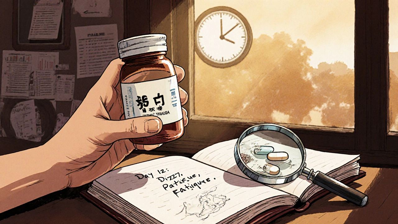 A patient&#039;s journal shows symptoms after switching generics, with a pill under magnification.