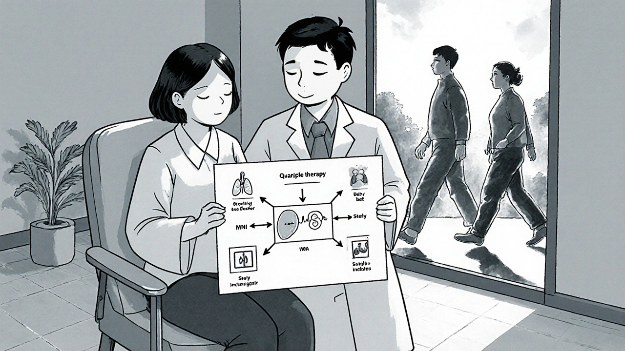 A patient and doctor reviewing a therapy flowchart, with before-and-after scenes of heart failure symptoms.