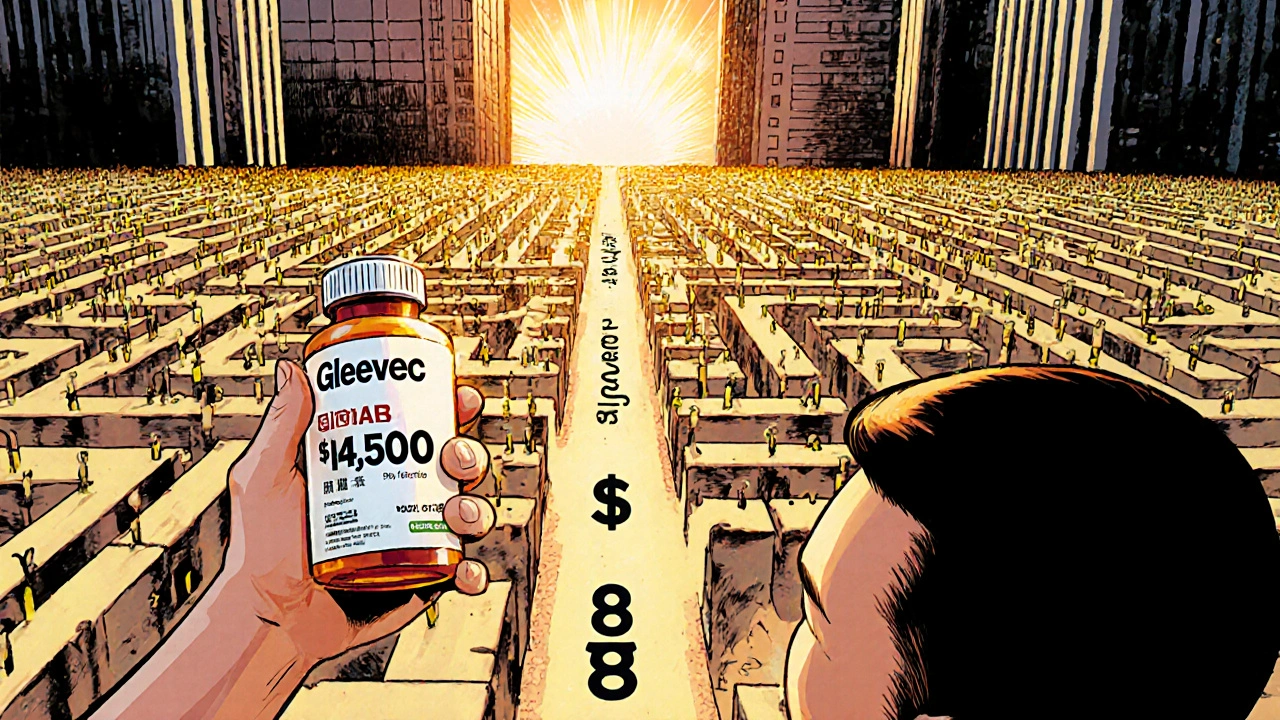 A patient holds an expensive brand-name drug while a cheap biosimilar glows in the distance, behind a patent maze.